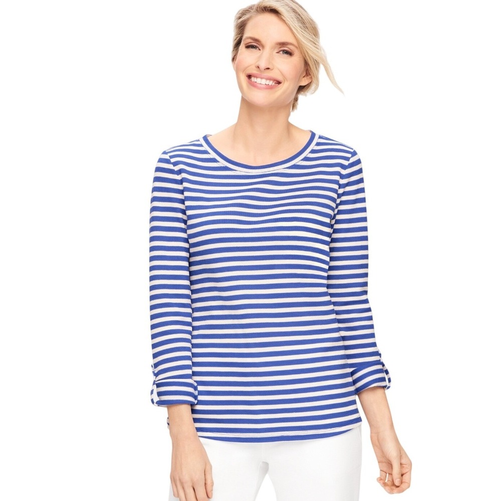 Talbots T Womens Small Blue White Striped Pique Roll Cuff Knit Top